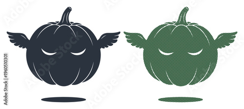 Two whimsical pumpkins with wings and closed eyes float peacefully