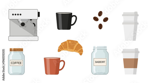 Set of coffee shop essentials including a coffee machine, cups, beans, and pastries