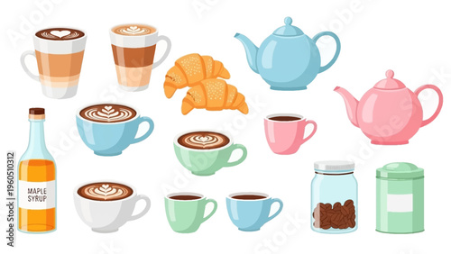 Assortment of Coffee Cups, Croissants, and Teapots with Syrup Bottle and Tea Tin