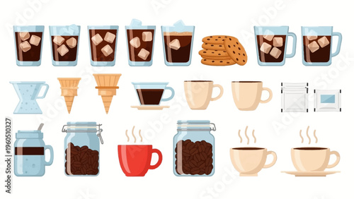 Various coffee drinks and accompaniments, including iced coffee, cups of coffee, cookies, ice cream cones, and jars of coffee beans
