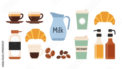 Coffee break essentials cups, croissants, milk, and syrup bottles for a delightful cafe experience
