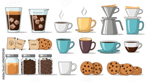 Collection of coffee, tea, and cookies illustrated in a vector graphic style