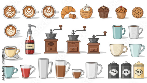 Collection of coffee and pastry illustrations including cups, grinders, syrup, croissants, muffins, and cookies