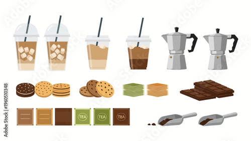 Assortment of Sweet Treats and Beverages Cookies, Chocolate, Coffee, and Tea Collection