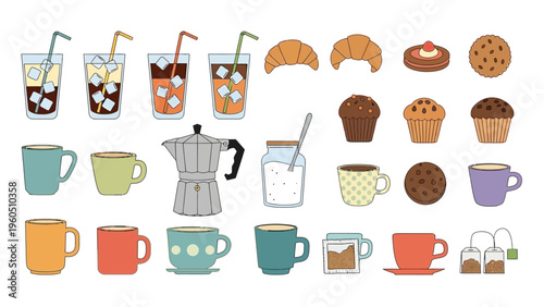 A collection of various hot and cold beverages, pastries, and coffee-making equipment