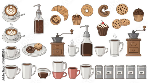Collection of coffee beverages, pastries, and brewing accessories for breakfast and cafe enjoyment