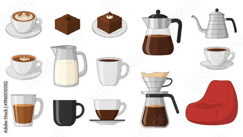 Collection of coffee and dessert items, including cups, mugs, pitchers, and pastries
