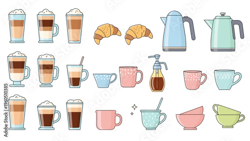 Collection of various coffee drinks, croissants, teacups, and kitchenware in flat design style