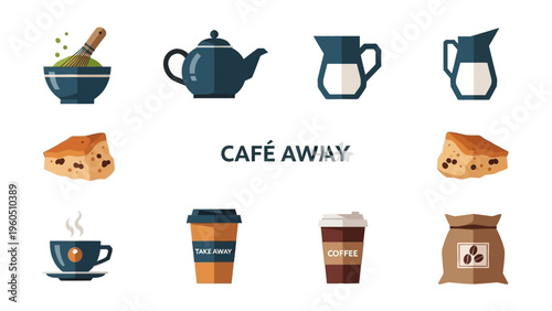 Collection of coffee and tea related icons including cups, teapots, and pastries for a cafe branding