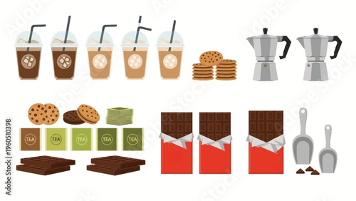 Collection of coffee, chocolate, and cookie illustrations with related products for food and beverage concepts