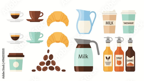 Coffee and Croissant Breakfast Collection with Milk, Syrup, and Coffee Beans