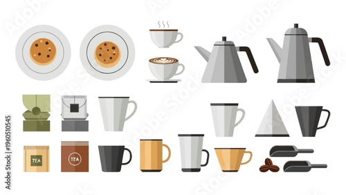 Collection of various hot beverages, coffee, tea, and accessories for preparation