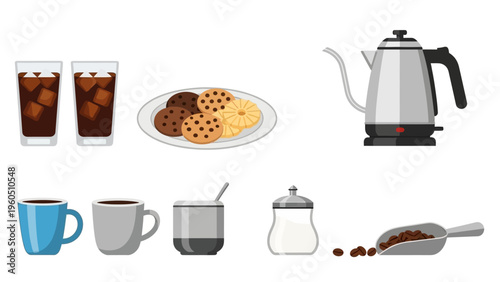 Arrangement of various hot beverages and sweet treats, including coffee, tea, and cookies