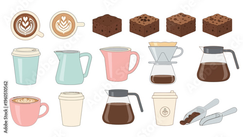 A delightful collection of coffee-themed illustrations, featuring lattes, brownies, and brewing equipment