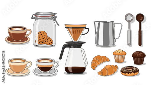 A collection of coffee, pastries, and brewing equipment, perfect for cafe or breakfast themes