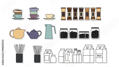 Collection of various food and beverage items, including coffee, tea, and dairy products