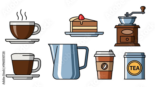 Collection of Coffee And Tea Related Icons Cups, Pot, Cake, Grinder, And Takeaway Cups