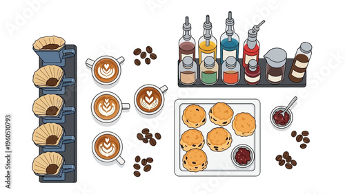Artisanal coffee preparation and delightful baked goods display for cafe ambiance and gourmet beverage creation