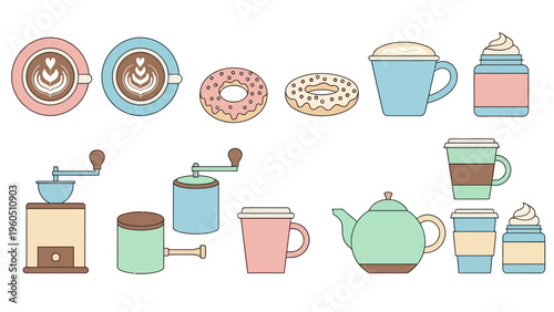 Collection of coffee and pastry icons, including coffee cups, donuts, grinders, and teapots