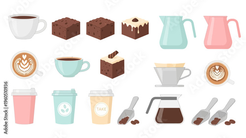 A collection of coffee and pastry icons including cups, mugs, brownies, filters, and serving scoops