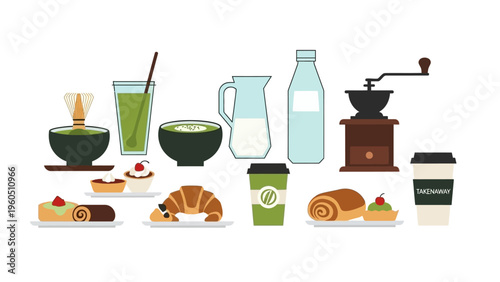 Assortment of fresh pastries, beverages and coffee grinder on a clean white background