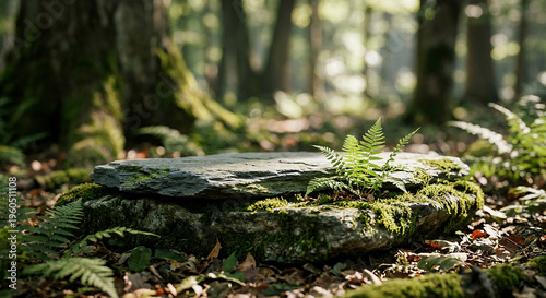 Ancient mossy stone in a lush green sunlit magical forest perfect for a mysterious nature exploration concept and wild jungle discovery adventure