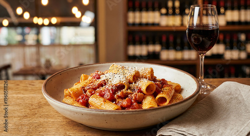 Delicious bowl of homemade pasta with rich tomato sauce in cozy restaurant perfect for an authentic Italian cuisine concept and fine dining menu