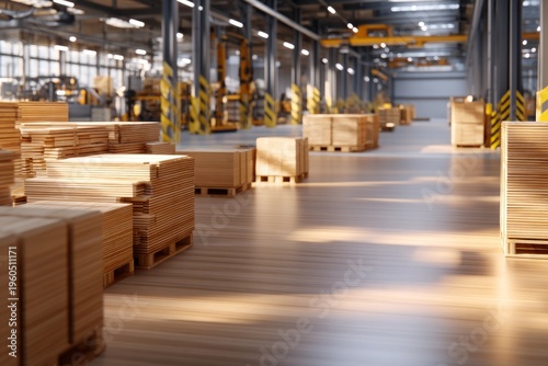 Overhead Perspective of Storage Area with Wooden Furniture Components and Crane Equipment
