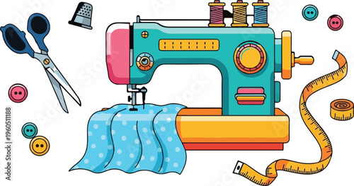 Vintage style sewing machine with fabric scissors and tailor accessories