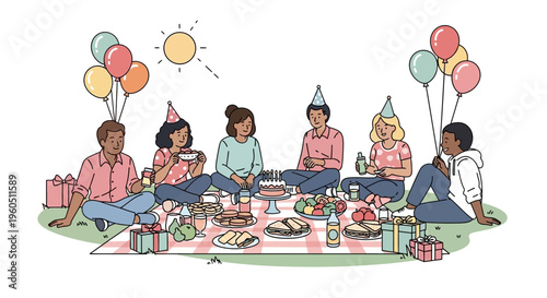 Diverse group of friends celebrating birthday picnic with cake, gifts, and balloons outdoors