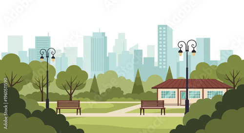 Urban park oasis with benches, pavilion, and city skyline background