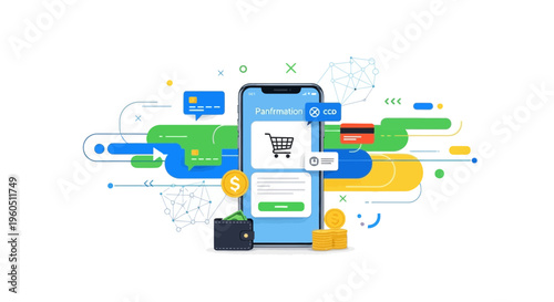 Online shopping concept: smartphone with payment app, credit cards, wallet, coins, and abstract graphics