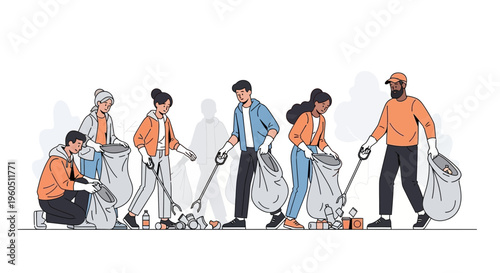 Diverse volunteers cleaning park, collecting trash in bags, community service, environmental protection