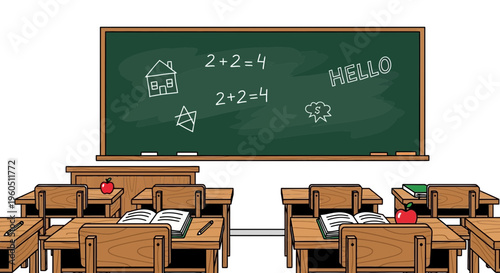 Empty Classroom with Chalkboard, Desks, and Books - Back to School Concept