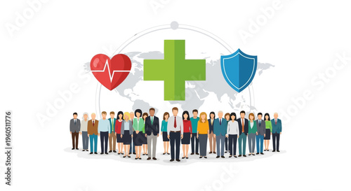 Healthcare protection and insurance for global community, medical cross, heart, shield