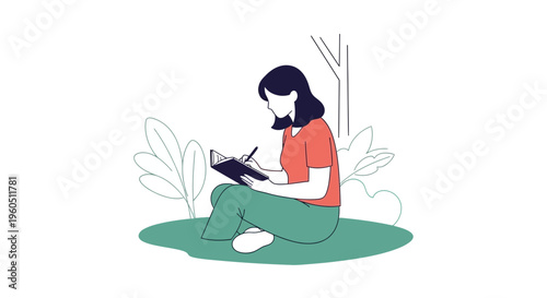 Woman writing in notebook outdoors, creative inspiration, journaling, peaceful nature scene