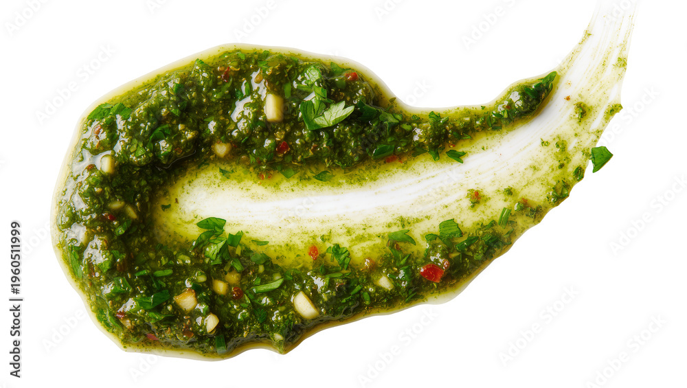 Cuadro en lienzo Fresh green pesto sauce smear rich with garlic and red pepper, isolated on trans