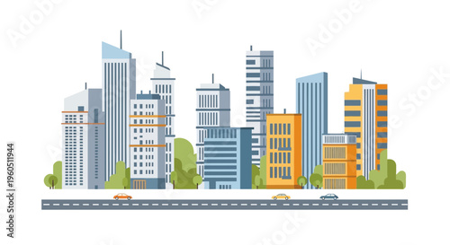Modern Cityscape Illustration: Diverse Skyscrapers, Greenery, and Road with Cars
