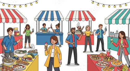 People Enjoying Outdoor Food Stalls at a Lively Street Market with Delicious Food and Drinks