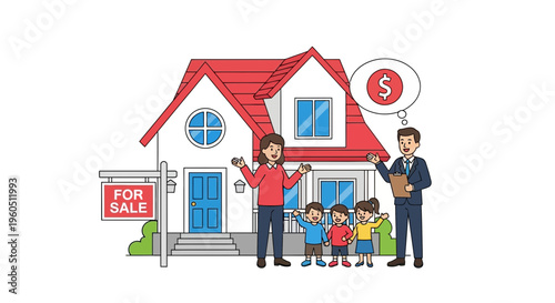 Happy Family Buying New House With Real Estate Agent, For Sale Sign