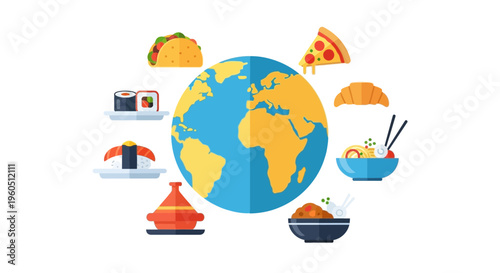 Global Cuisine: World Map Surrounded by International Foods and Dishes
