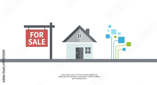 Modern House For Sale Sign and Digital Network
