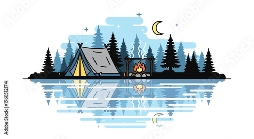 Camping by the lake at night, tent and campfire with reflection in water, starry sky