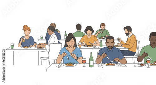 Diverse people dining in a casual restaurant, enjoying meals and drinks at tables.