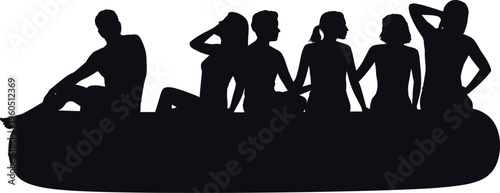 Group of young people silhouettes relaxing together on sofa isolated on white background, friendship, social gathering, casual lifestyle, communication and leisure time concept
