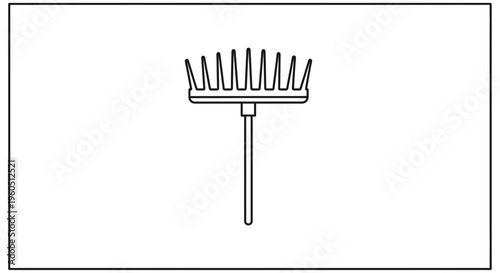 Minimalist line art illustration of a garden rake, an essential outdoor maintenance tool for