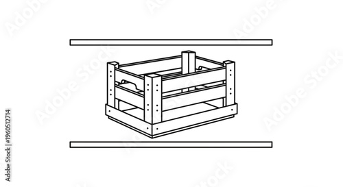 Clean line illustration of a sturdy empty wooden storage crate depicted in a simple graphic style