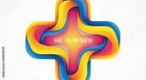 Vibrant multicolored cross with 'he is risen' text on white background easter symbol