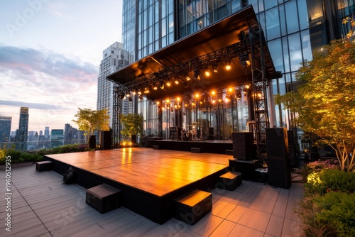 Urban Rooftop Stage with Soft Ambient Lighting at Blue Hour for Concert Experience