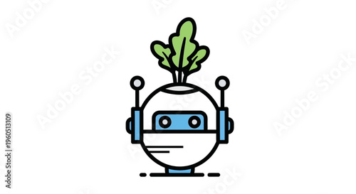 Innovative robot head merging artificial intelligence with natural green plant growth concept